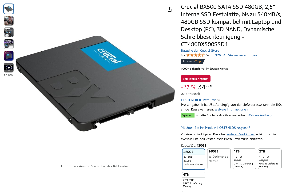 Screenshot der Crucial BX500. Quelle: Amazon