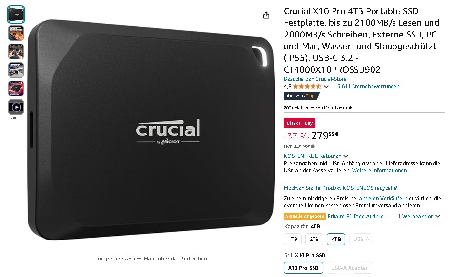 Screenshot der Crucial X10 Pro. Quelle: Amazon