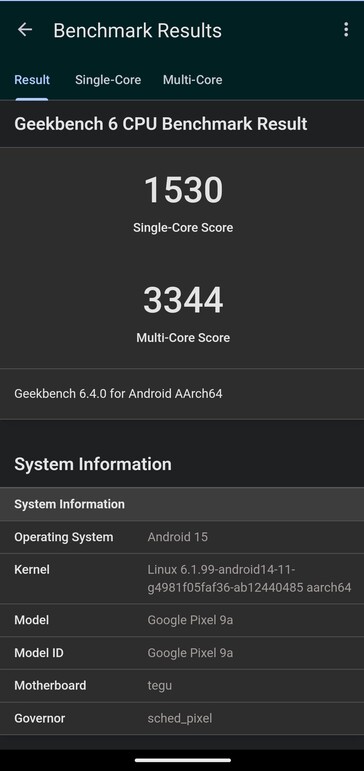 Geekbench-Testergebnisse für das Pixel 9a Geekbench-Testergebnisse für das Pixel 9a