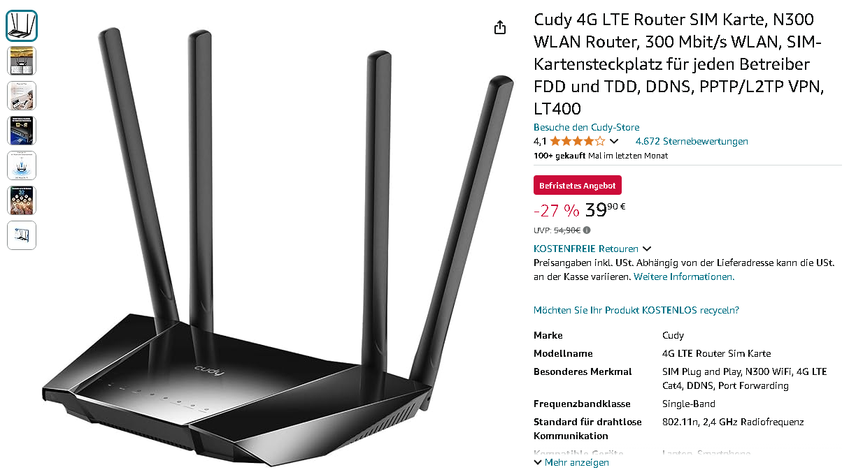 Cudy LT400 Router Screenshot der Cudy LT400
