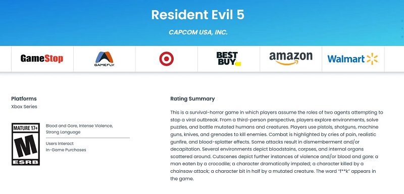 Resident Evil 5 Altersfreigabe für die Xbox-Serie. Quelle: ESRB Resident Evil 5 Altersfreigabe für die Xbox-Serie. Quelle: ESRB