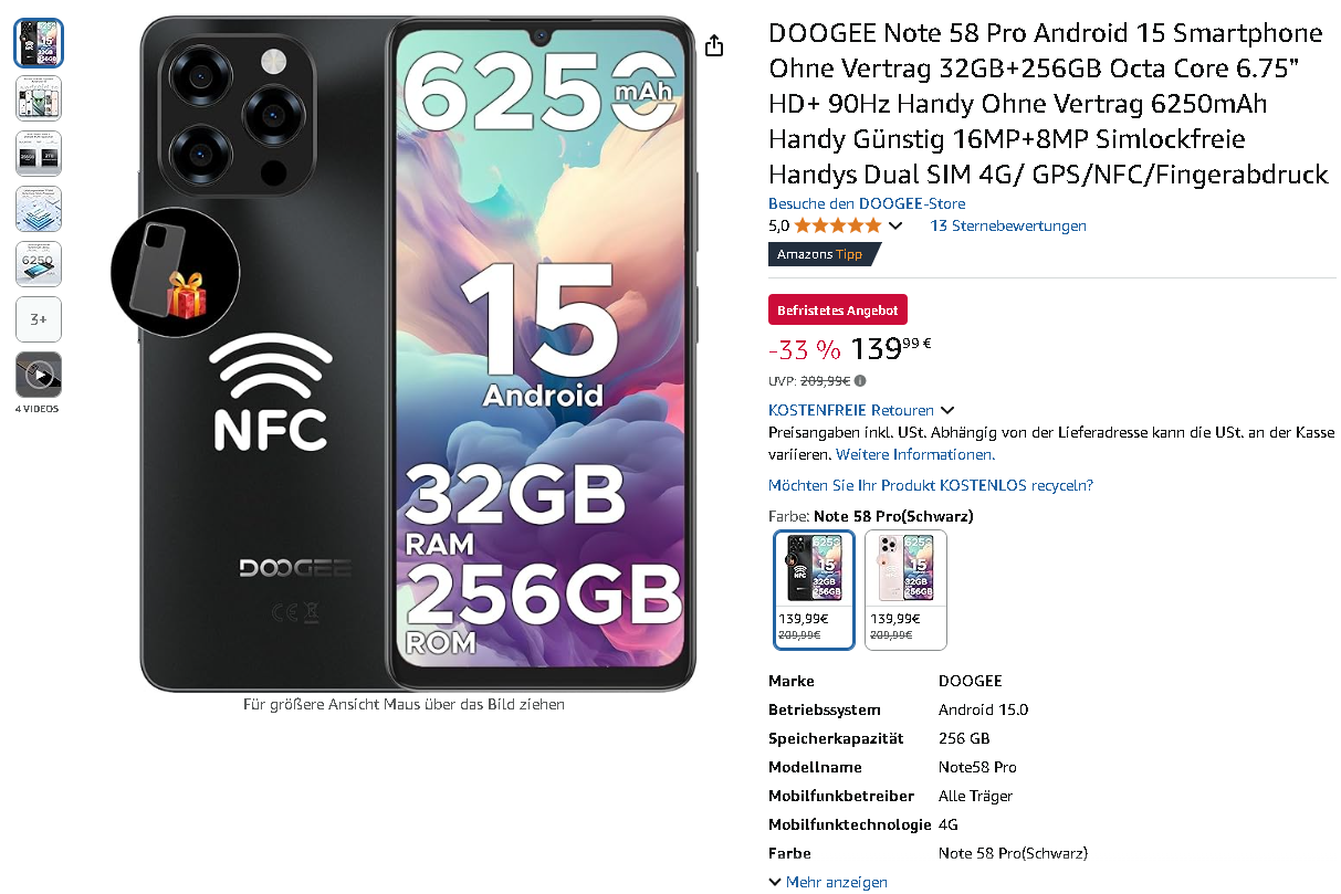 Screenshot der DOOGEE Note 58 Pro. Quelle: Amazon