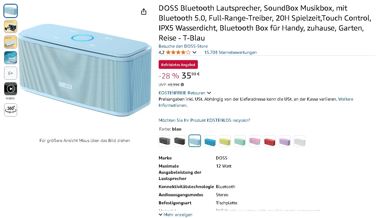 DOSS SoundBox auf Amazon Screenshot der DOSS SoundBox