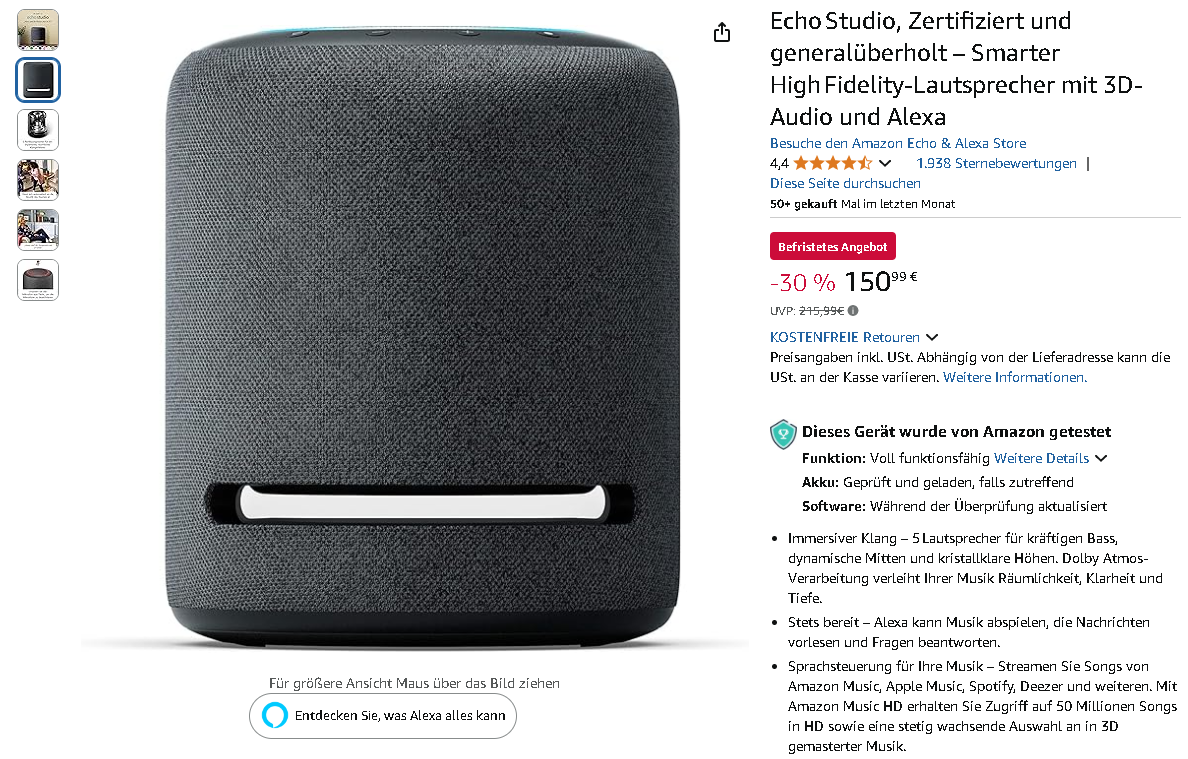Screenshot der Echo Studio Smart Speaker