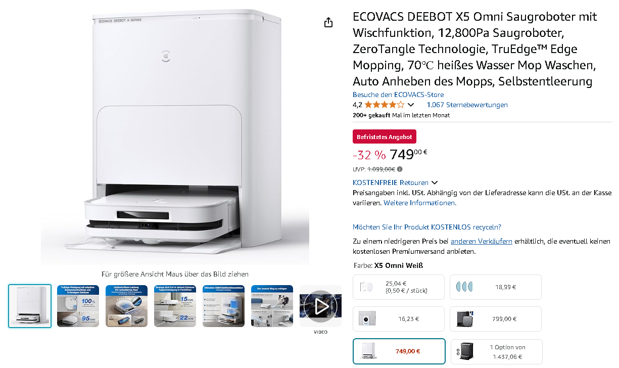 ECOVACS DEEBOT X5 OMNI Produktbild Screenshot der ECOVACS DEEBOT X5 OMNI