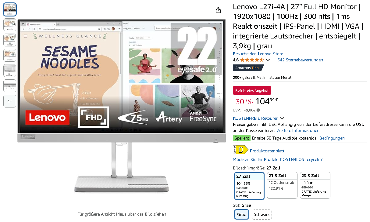 Screenshot des Lenovo L27i-4A Monitors