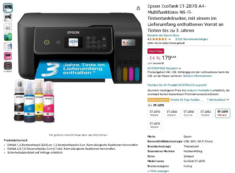 Epson EcoTank ET-2870 auf Amazon Epson EcoTank ET-2870 Multifunktionsdrucker
