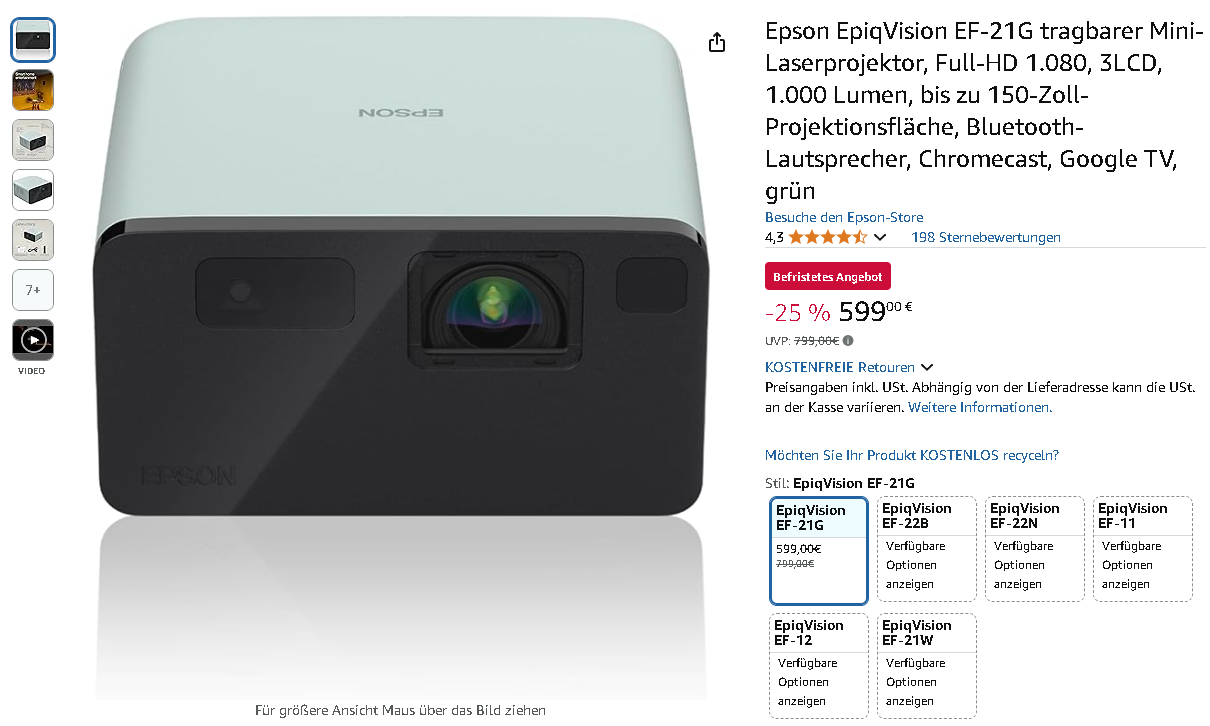 Epson EpiqVision EF-21G Mini-Laserprojektor