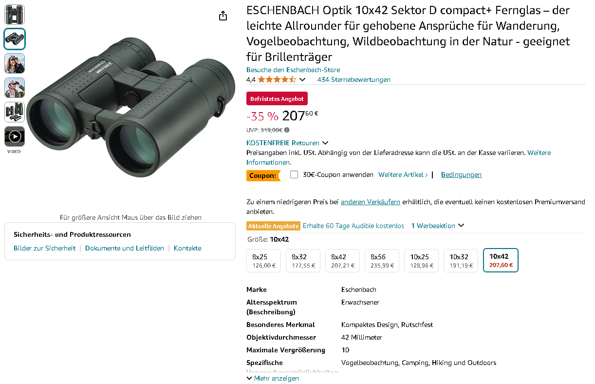 Screenshot der ESCHENBACH Sektor D. Quelle: Amazon ESCHENBACH Sektor D compact+ Fernglas