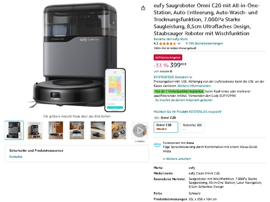eufy Omni C20 Saugroboter Screenshot der eufy Omni C20. Quelle: Amazon