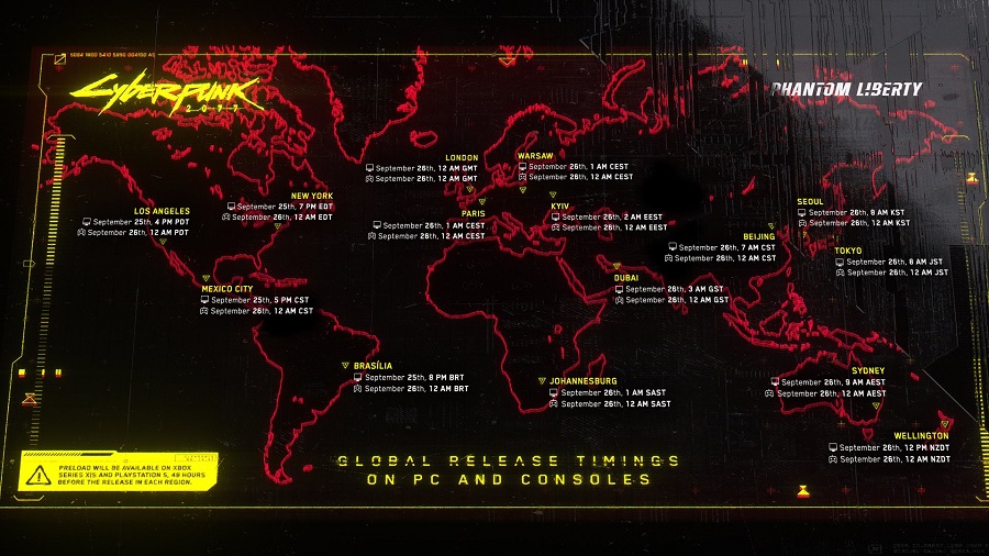Jetzt verpassen Sie es bestimmt nicht mehr! CD Projekt RED hat eine visuelle Karte veröffentlicht, die den Veröffentlichungszeitpunkt der Erweiterung Phantom Liberty für Cyberpunk 2077 in den wichtigsten Zeitzonen anzeigt-2 Jetzt verpassen Sie es bestimmt nicht mehr! CD Projekt RED hat eine visuelle Karte veröffentlicht, die den Veröffentlichungszeitpunkt der Erweiterung Phantom Liberty für Cyberpunk 2077 in den wichtigsten Zeitzonen anzeigt-2