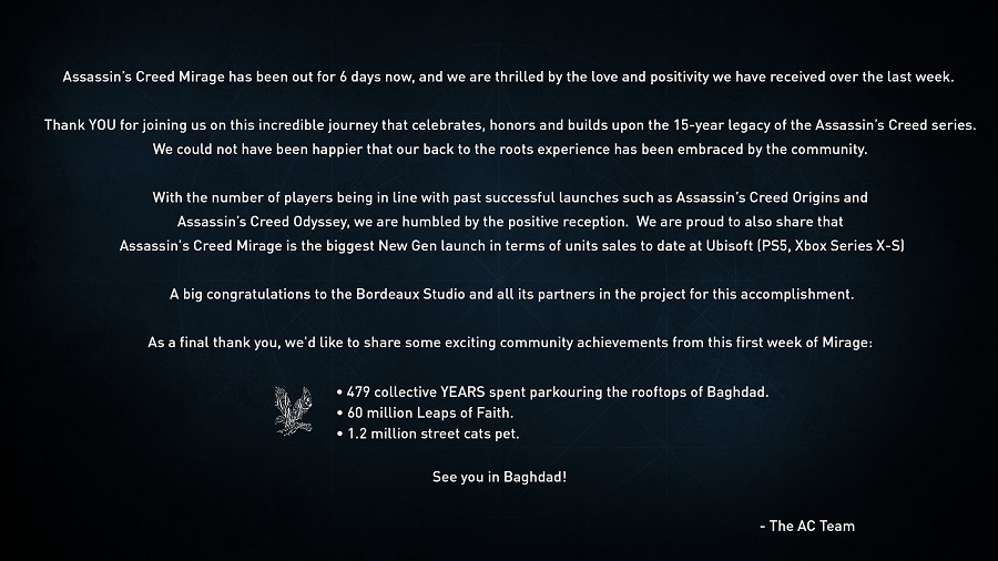 Über eine Million Kätzchen gestreichelt und 60 Millionen Leaps of Faith: Ubisoft zieht Bilanz über die erste Woche nach der Veröffentlichung von Assassin's Creed Mirage-2