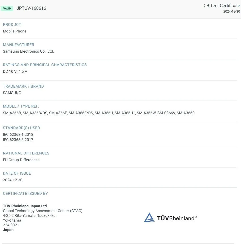 Galaxy A36 5G IECEE-Zertifizierung Galaxy A36 5G IECEE-Zertifizierung