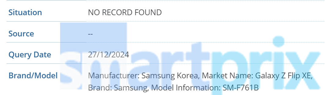 Informationen über Samsung Galaxy Z Flip FE (XE) in der GSMA-Datenbank