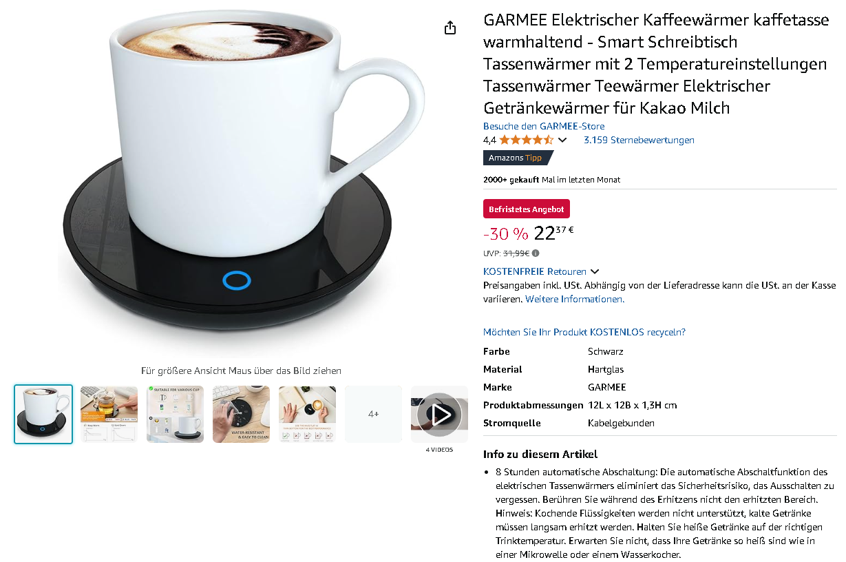 GARMEE Elektrischer Kaffeewärmer Screenshot der GARMEE Kaffeewärmer