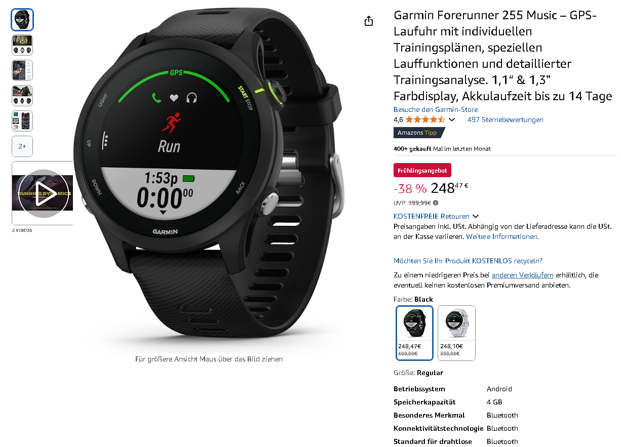 Screenshot der Garmin Forerunner 255 Music