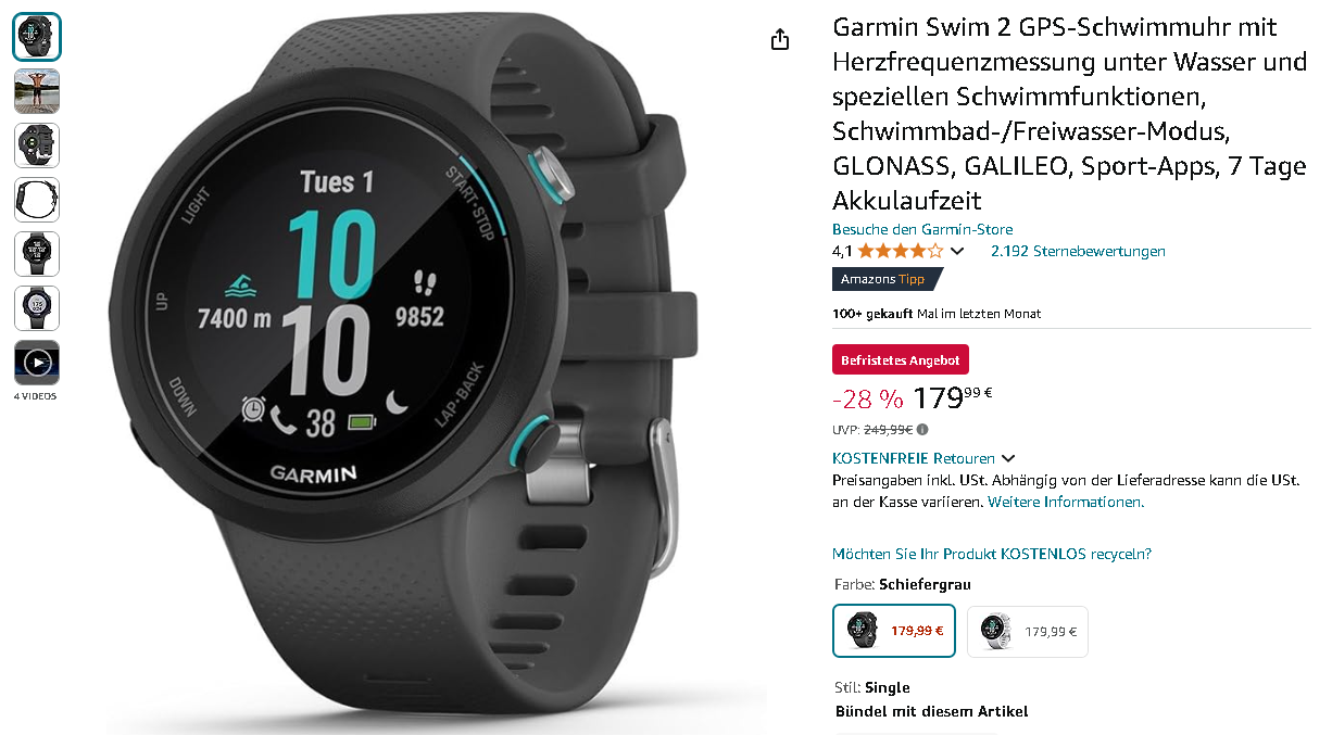Garmin Swim 2 Screenshot Screenshot der Garmin Swim 2 - Quelle: Amazon