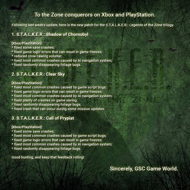Die Krähen von Tschernobyl werden leiser krächzen: Ein Update für die S.T.A.L.K.E.R.-Trilogie wurde veröffentlicht. Legenden der Zone-2 Die Krähen von Tschernobyl werden leiser krächzen: Ein Update für die S.T.A.L.K.E.R.-Trilogie wurde veröffentlicht. Legenden der Zone-2