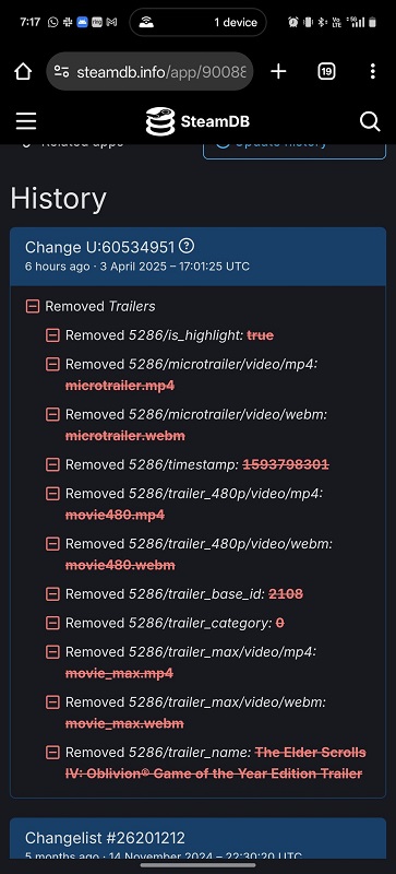 Screenshot der SteamDB-Seite des Spiels