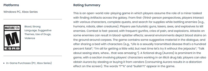 Gewalt, Nacktheit, Drogen und unflätige Sprache: ESRB gibt Starfield eine Altersfreigabe von Mature (17+)-2 Gewalt, Nacktheit, Drogen und unflätige Sprache: ESRB gibt Starfield eine Altersfreigabe von Mature (17+)-2
