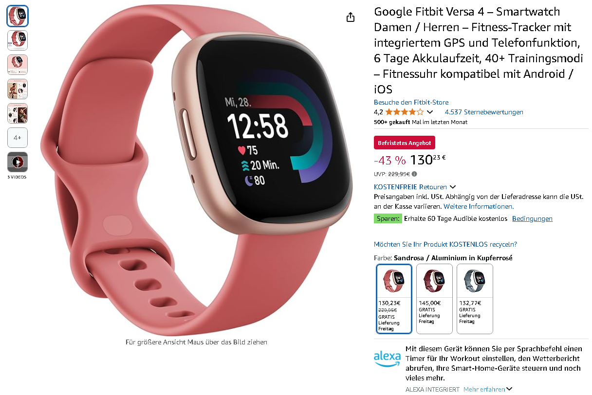 Screenshot der Fitbit Versa 4
