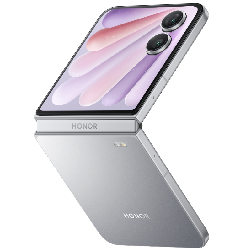 Design des Honor Magic V Flip 2 Smartphones in silber-grauer Farbe