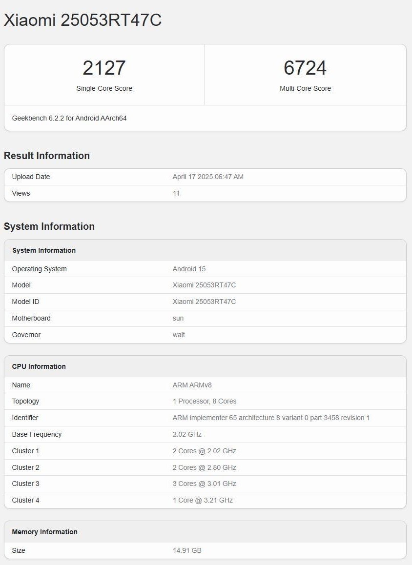 Testergebnisse des angeblichen Redmi Turbo 4 Pro in Geekbench