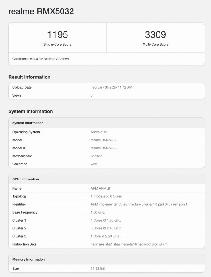 Geekbench-Ergebnisse Realme P3 Pro Leistungstestergebnisse auf Geekbench