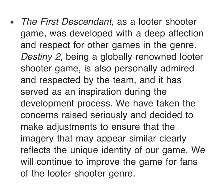 Die Entwickler von The First Descendant haben die Ähnlichkeit einer Reihe von Elementen ihres Spiels mit Destiny 2 eingeräumt und versprochen, alle Plagiate zu beseitigen-3 Die Entwickler von The First Descendant haben die Ähnlichkeit einer Reihe von Elementen ihres Spiels mit Destiny 2 eingeräumt und versprochen, alle Plagiate zu beseitigen-3
