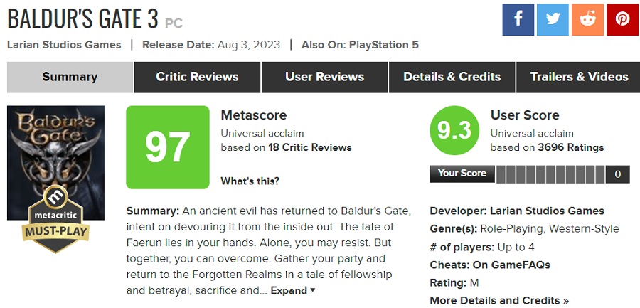 Baldur's Gate 3 ist ein kolossaler Erfolg für Larian Studios. Es ist das am höchsten bewertete Spiel des Jahres 2023 und gehört zu den besten Projekten in der Geschichte von Metacritic-2 Baldur's Gate 3 ist ein kolossaler Erfolg für Larian Studios. Es ist das am höchsten bewertete Spiel des Jahres 2023 und gehört zu den besten Projekten in der Geschichte von Metacritic-2