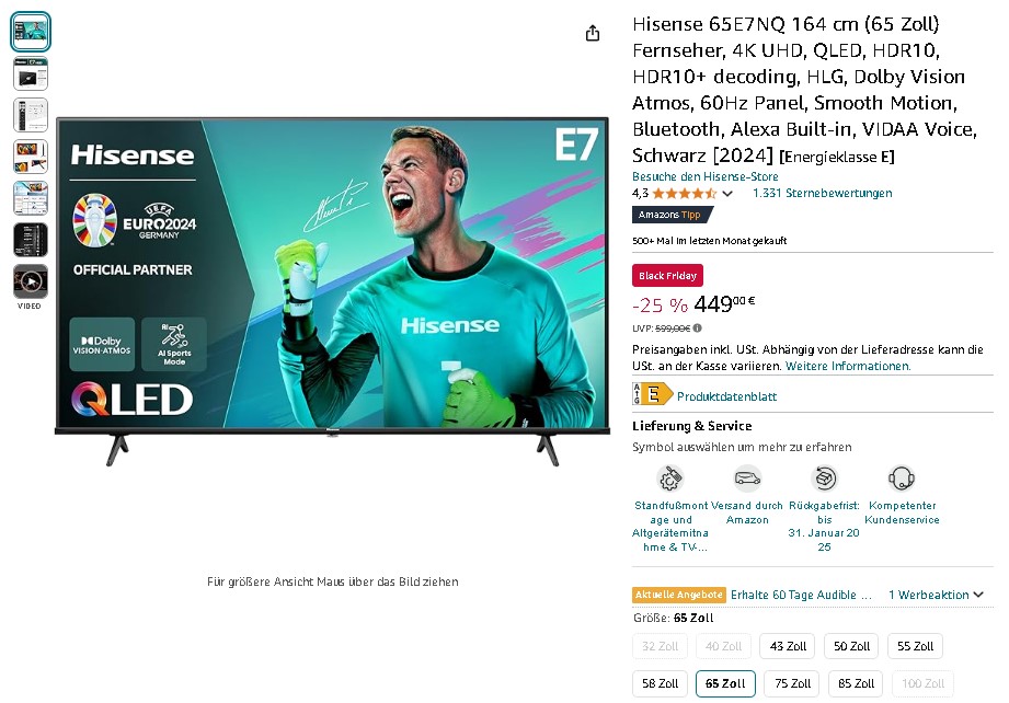 Hisense 65E7NQ QLED-Fernseher Screenshot der Hisense 65E7NQ QLED-Fernseher - 65 Zoll mit Quantum Dot Technologie