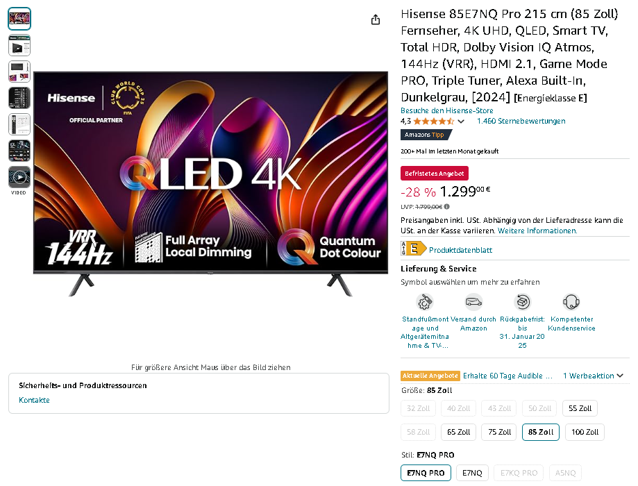Screenshot der Hisense 85E7NQ Pro Hisense 85E7NQ Pro Fernseher