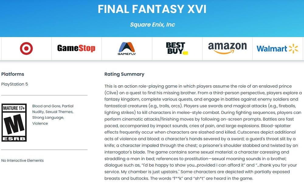 Nacktheit, Gewalt und unflätige Sprache: Das japanische RPG Final Fantasy XVI wurde von der ESRB mit M (17+) bewertet.-2 Nacktheit, Gewalt und unflätige Sprache: Das japanische RPG Final Fantasy XVI wurde von der ESRB mit M (17+) bewertet.-2