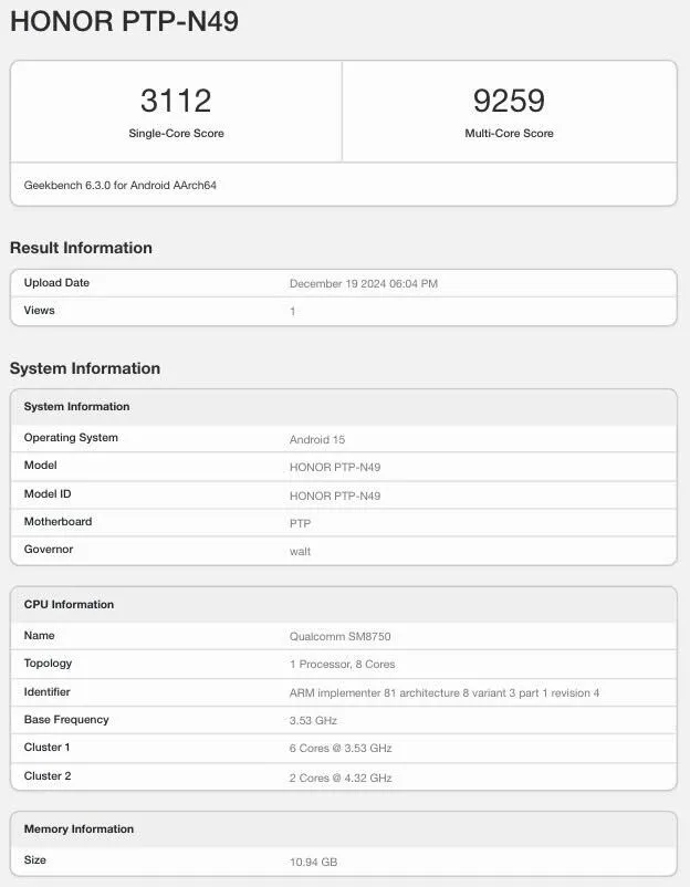 HONOR Magic7 Pro Leistungstests. Quelle: Geekbench