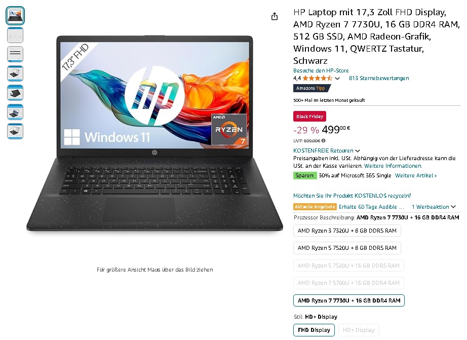 HP 17,3 Zoll Laptop mit AMD Ryzen 7 HP 17,3 Zoll Laptop mit AMD Ryzen 7