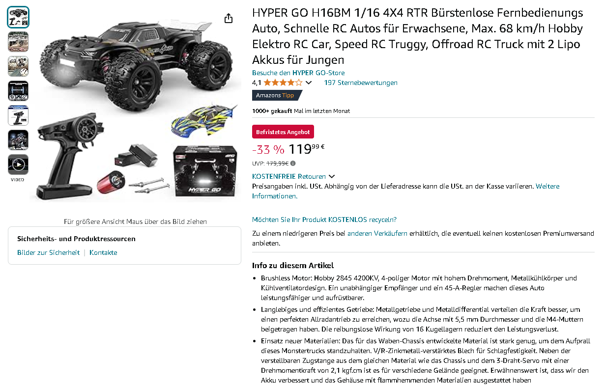 HYPER GO H16BM RC Monstertruck Screenshot des HYPER GO H16BM RC Monstertrucks auf Amazon