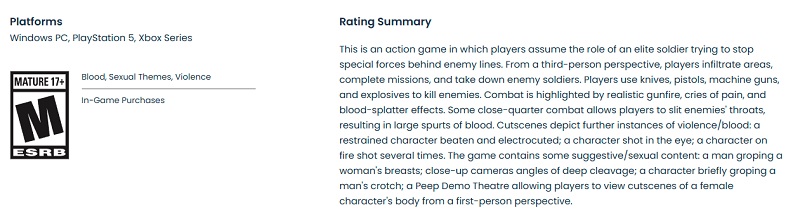 Screenshot der Beschreibung des Spiels auf der ESRB-Website Screenshot der Beschreibung des Spiels auf der ESRB-Website