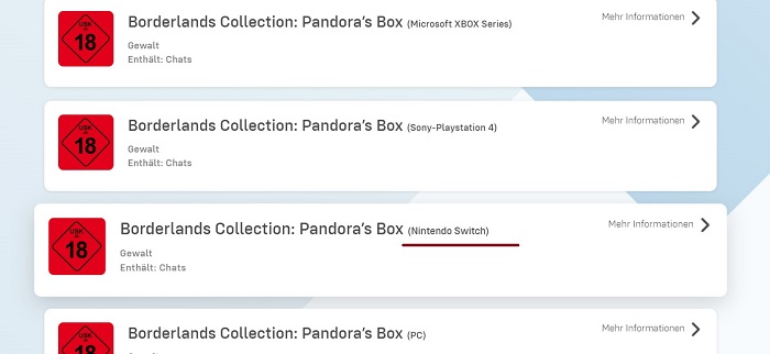 Die Borderlands Collection: Pandora's Box könnte auch für Nintendo Switch veröffentlicht werden - darauf deuten Informationen einer deutschen Ratingagentur hin-2