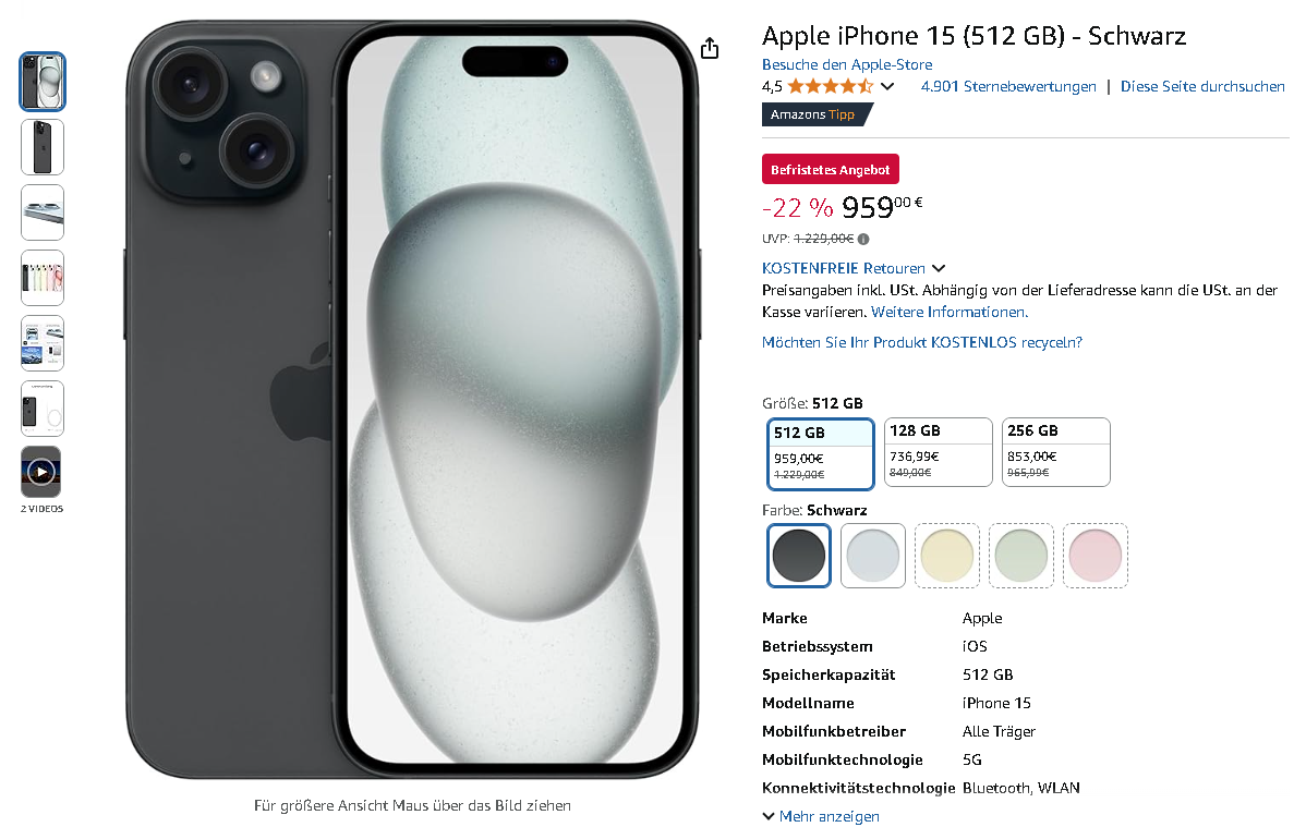 Screenshot der Apple iPhone 15