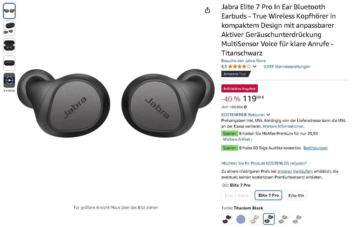 Screenshot der Jabra Elite 7 Pro Screenshot der Jabra Elite 7 Pro auf Amazon