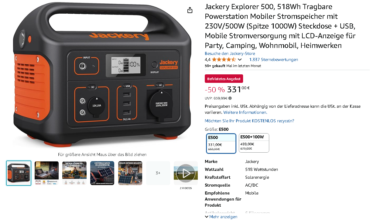 Screenshot der Jackery Explorer 500 Powerstation