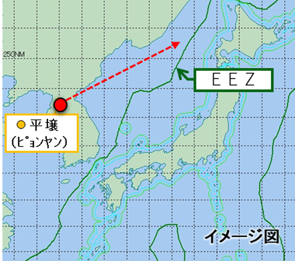 Illustration: Das japanische Verteidigungsministerium Flugrichtung einer ballistischen Rakete, die außerhalb der japanischen AWZ einschlug