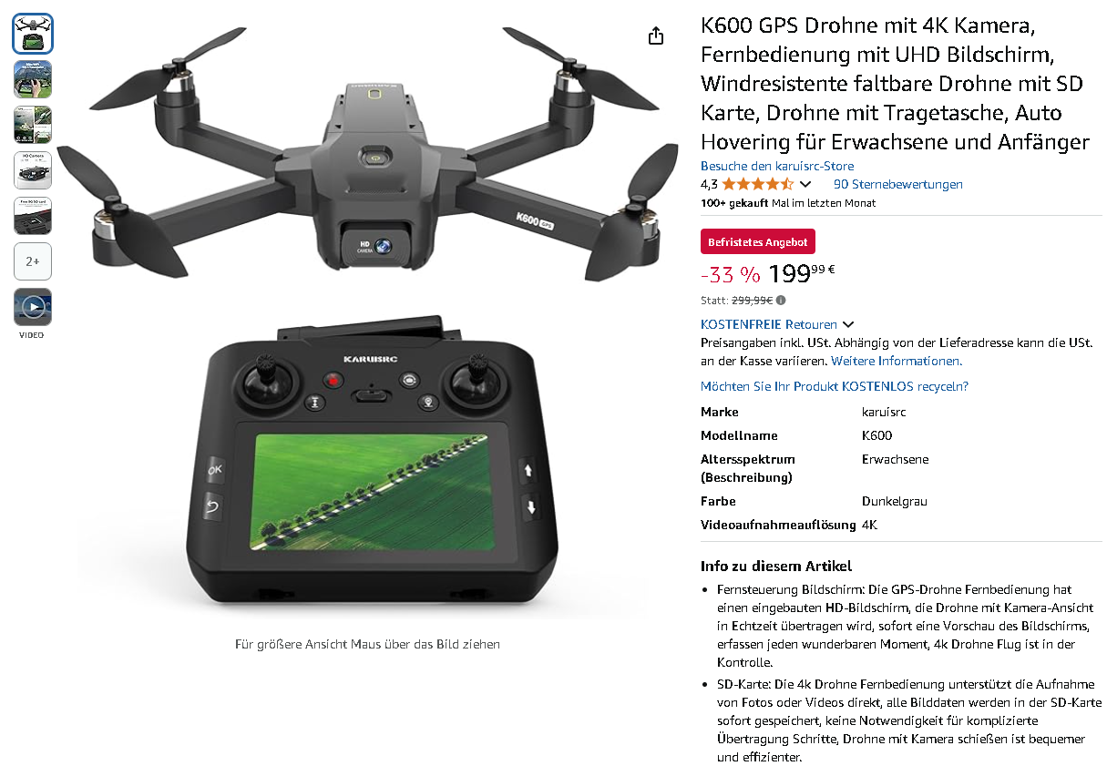 Screenshot der Karuisrc K600 Drohne