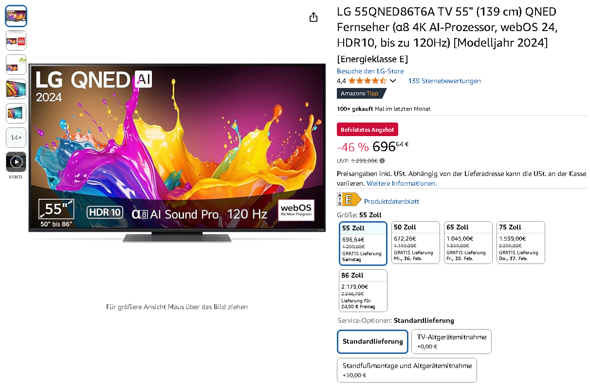 Screenshot der LG 55QNED86T6A - ein hochwertiger 4K-Fernseher