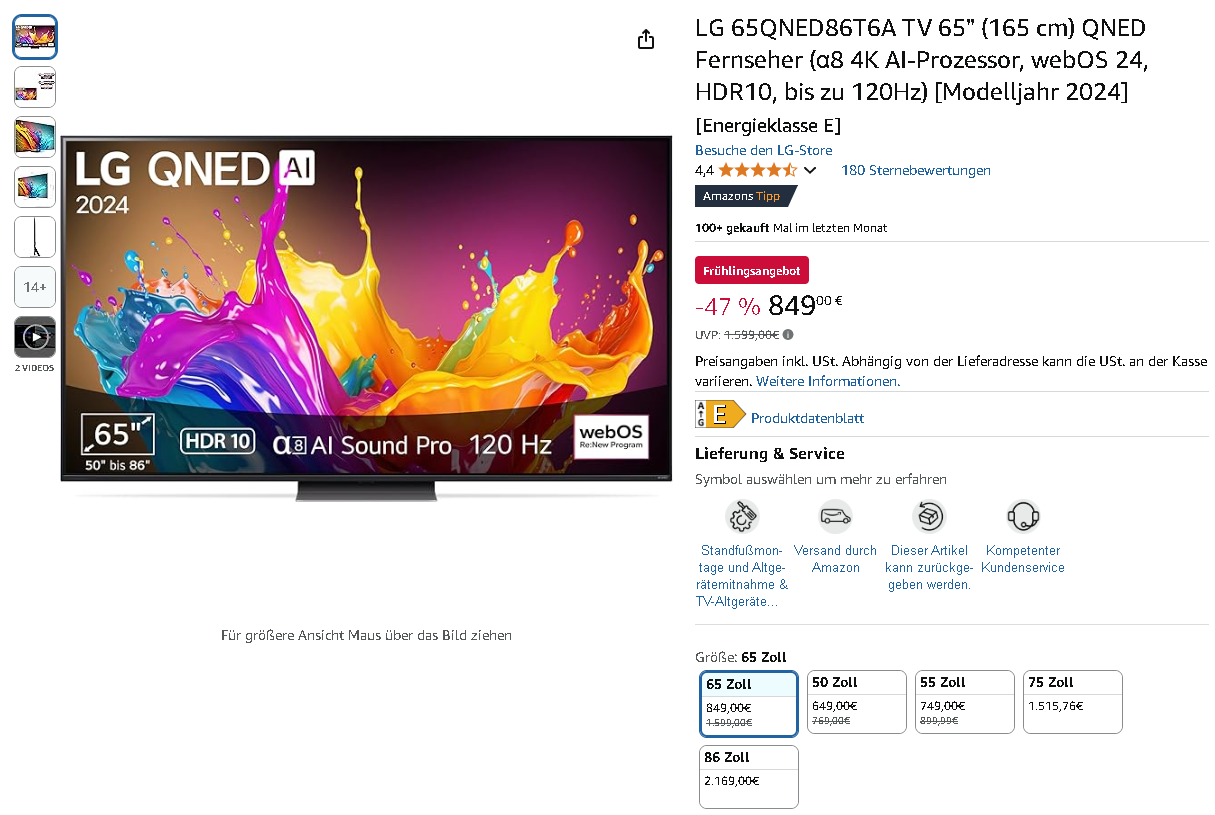 Screenshot der LG 65QNED86T6A. Quelle: Amazon