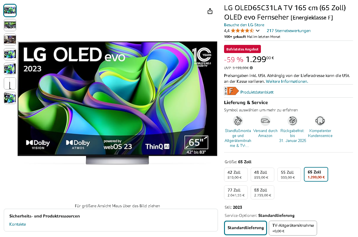 LG OLED65C31LA Smart TV Screenshot des LG OLED65C31LA Smart TV auf Amazon