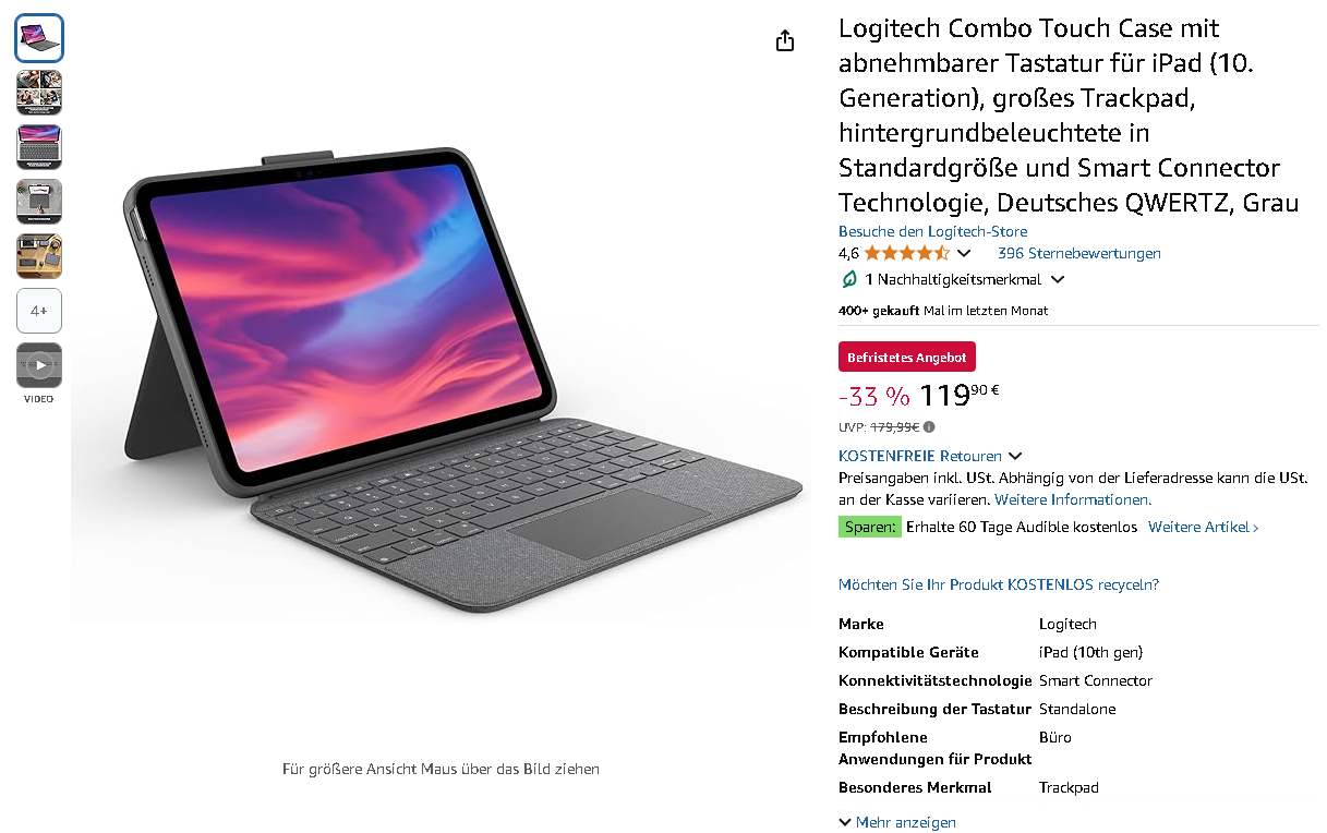 Screenshot der Logitech Combo Touch Case