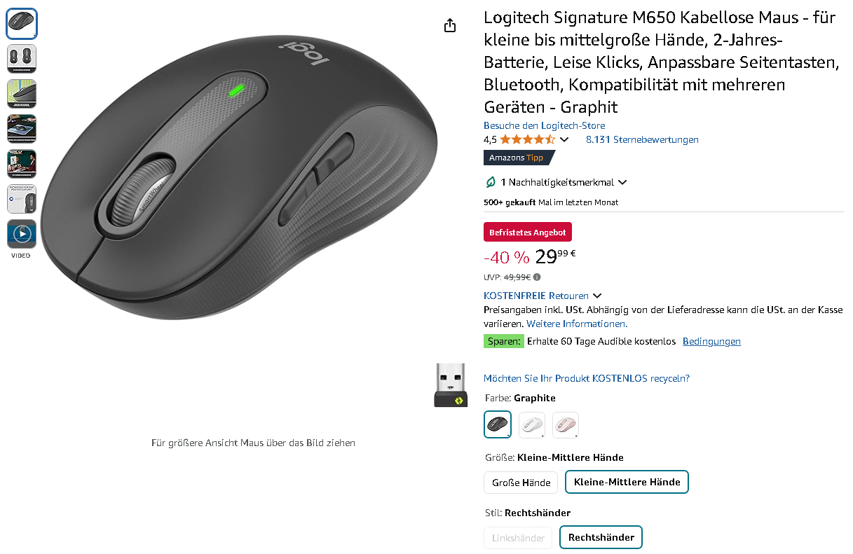 Screenshot der Logitech M650 Screenshot der Logitech M650 Maus