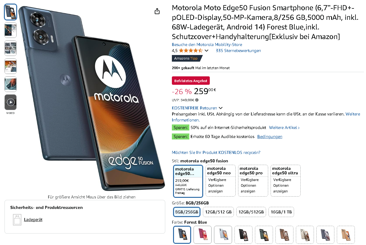 Screenshot des Motorola Edge 50 Fusion auf Amazon