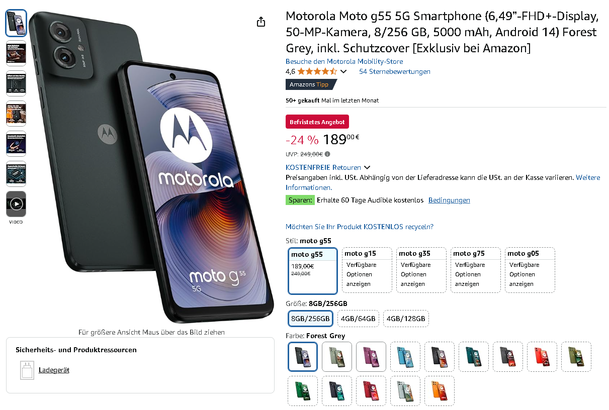 Screenshot der Motorola Moto g55 - Amazon